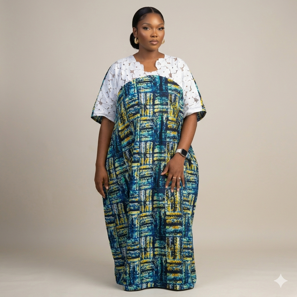 Arewa lace and ankara maxi bubu dress Green)