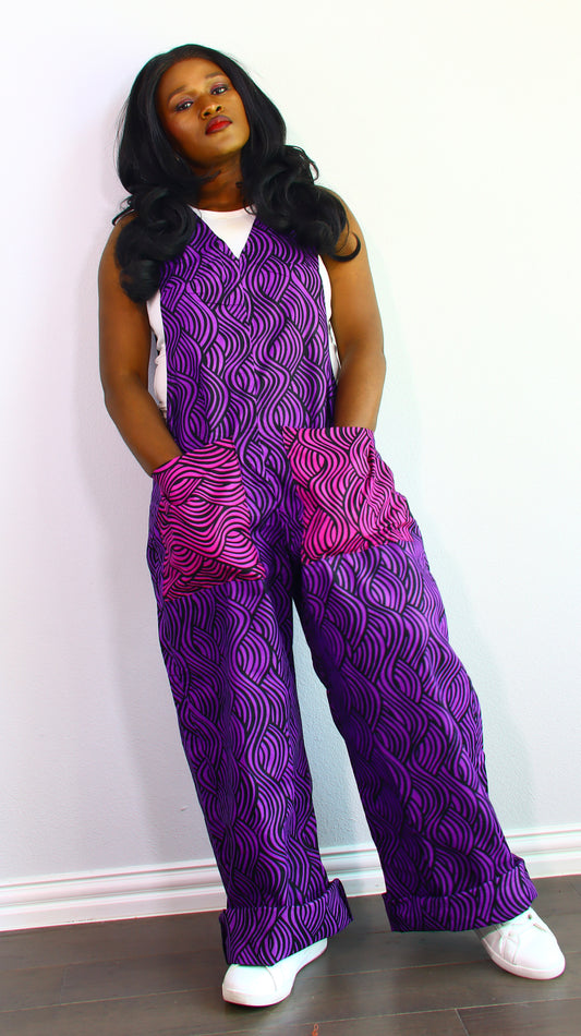 Thrive african women ankara print Dungaree with front pockets (Purple)