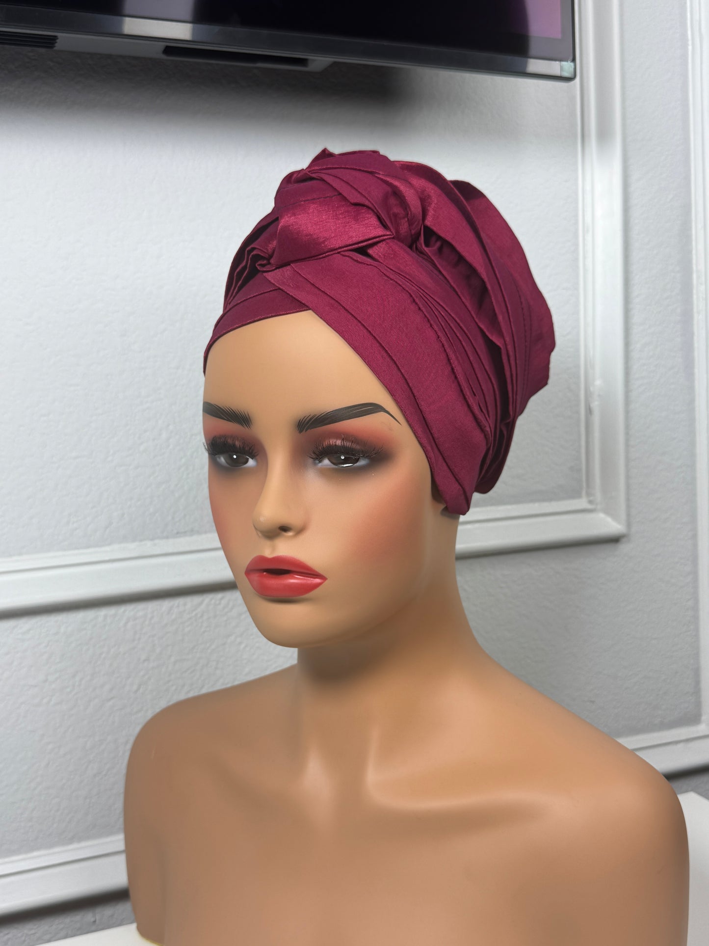 Pre-tied turban african multi-layer headband  (wine)