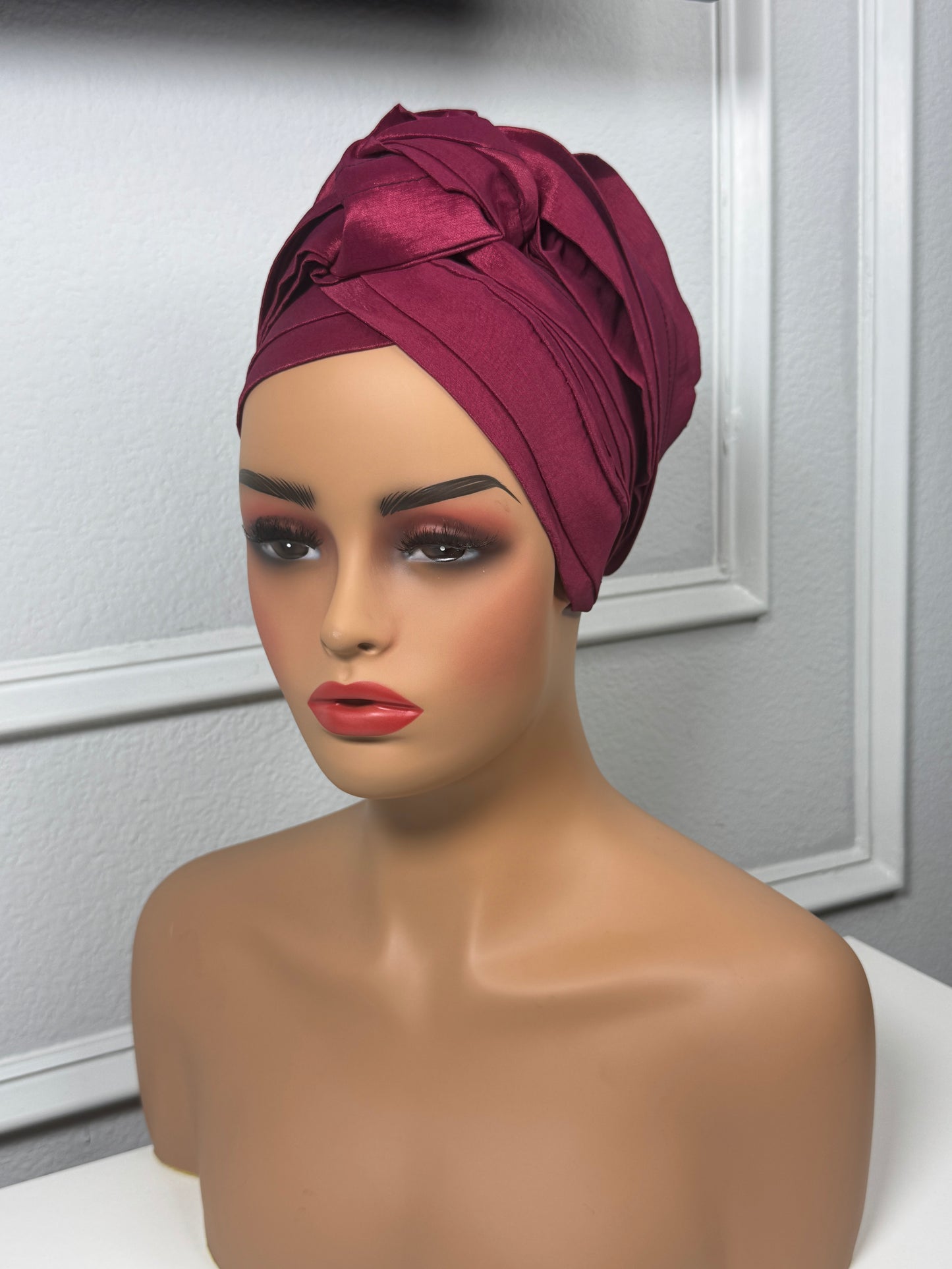 Pre-tied turban african multi-layer headband  (wine)
