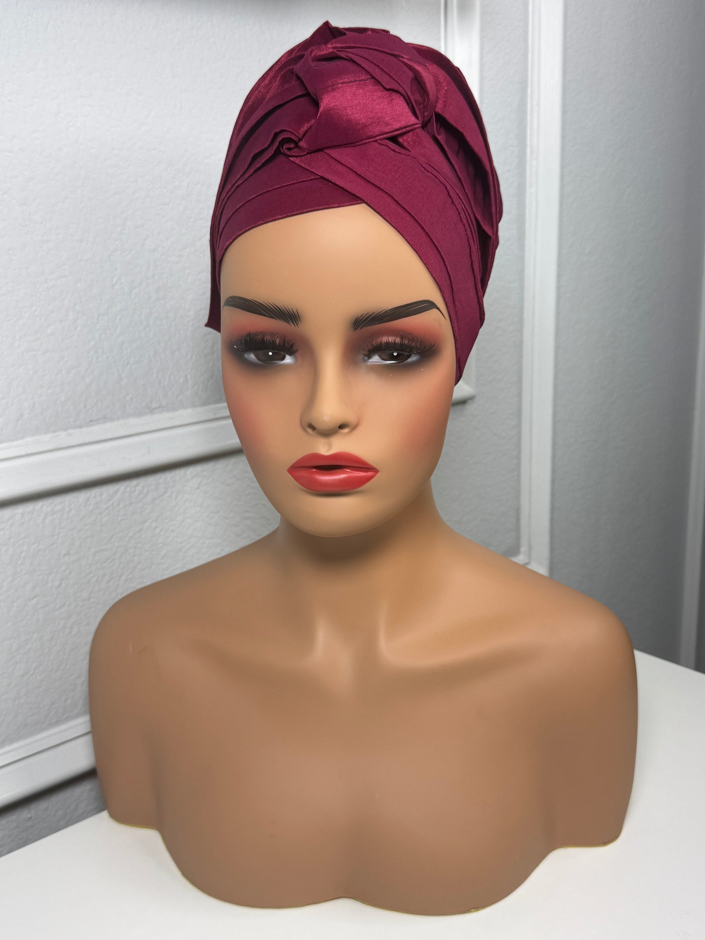 Pre-tied turban african multi-layer headband  (wine)