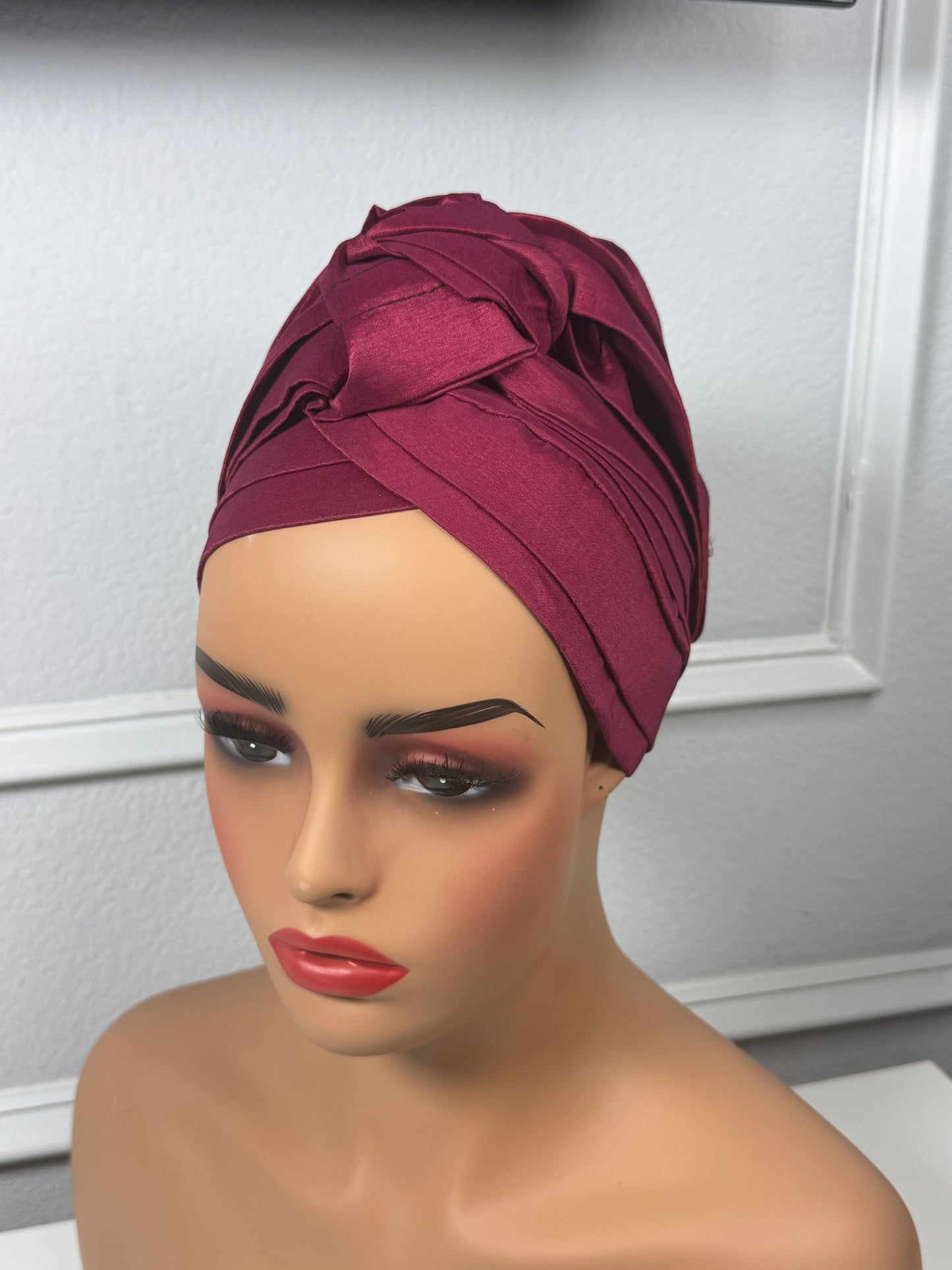 Pre-tied turban african multi-layer headband  (wine)