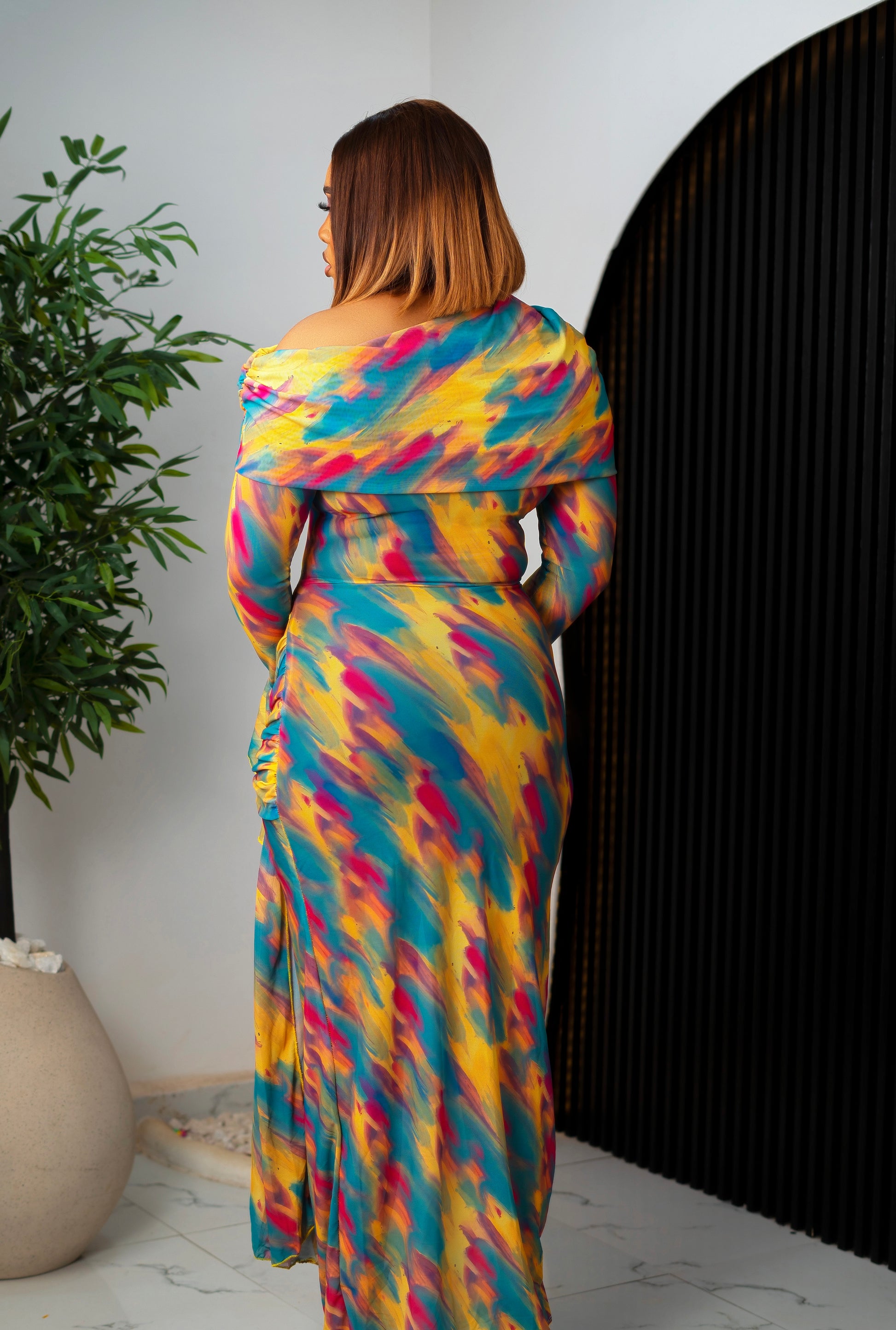 Aura Abstract Off-The-Shoulder Draped Mesh Maxi Dress – Oriirewa