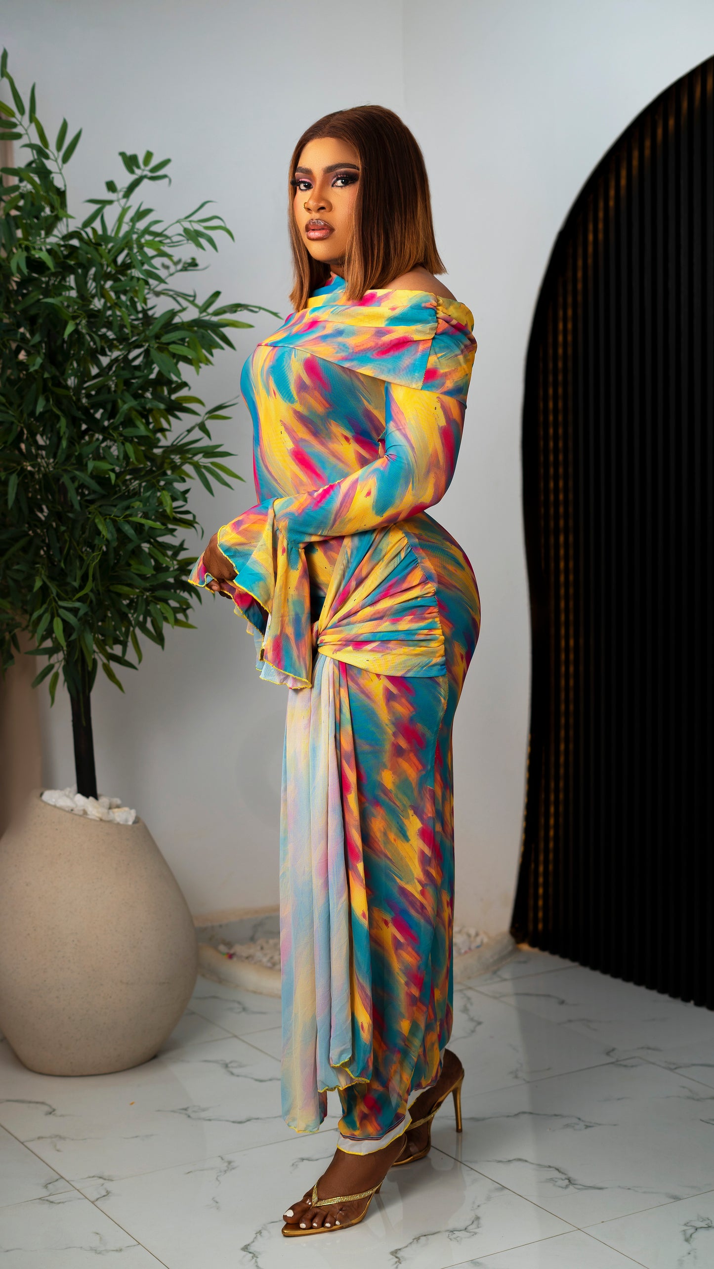 Aura Abstract Off-The-Shoulder Draped Mesh Maxi Dress