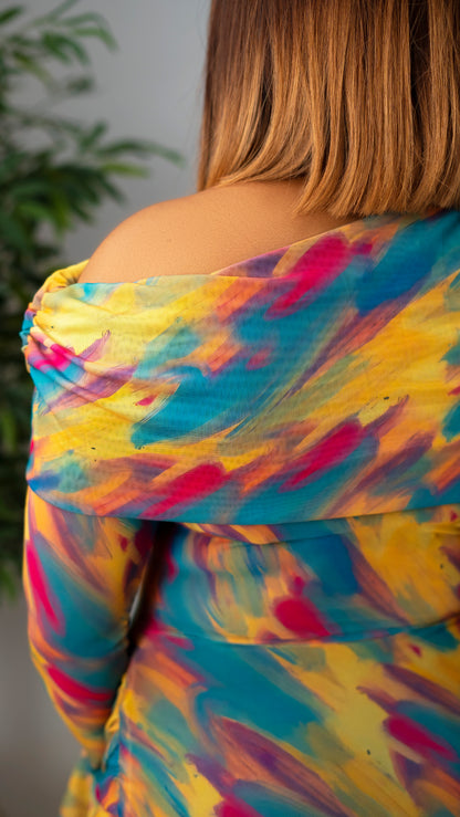 Aura Abstract Off-The-Shoulder Draped Mesh Maxi Dress