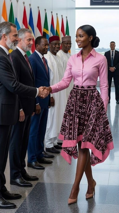 Woman in a pink blouse and patterned skirt shaking hands with a man in a suit in an airport setting.