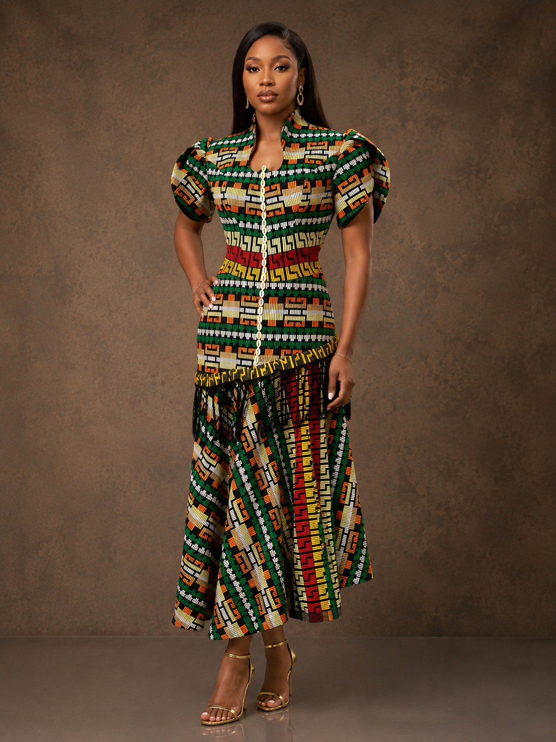 Zuri Cowrie-Trimmed Asymmetric Fringe Maxi Gown