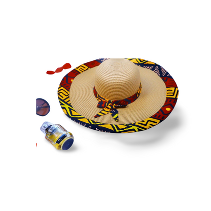 Seun Raffia beach sun hat for women (Red yellow Mudcloth)