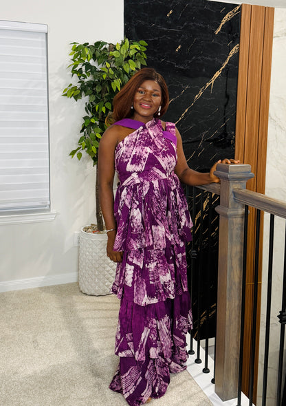 Golden Bloom Tiered Statement Dress (Purple)