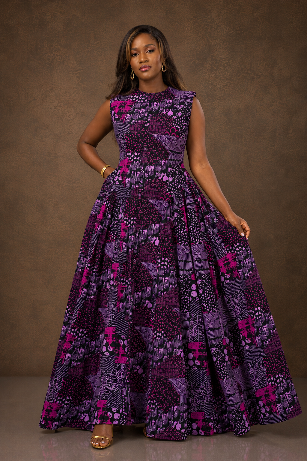 African Print Maxi Dress for Women, Purple Ankara Dress, Elegant Sleeveless Fit and Flare Dress, African Wedding Guest Dress, Formal Dress