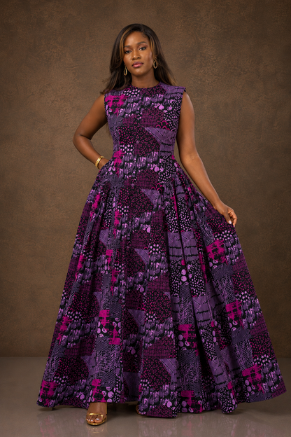 African Print Maxi Dress for Women, Purple Ankara Dress, Elegant Sleeveless Fit and Flare Dress, African Wedding Guest Dress, Formal Dress