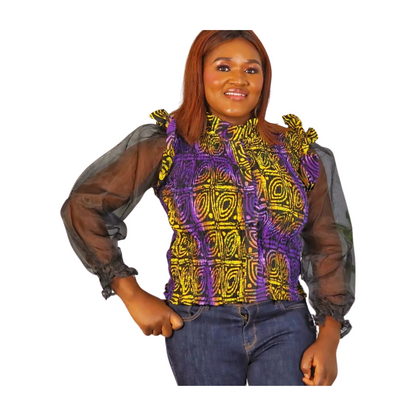 Seyi Shirred African print Organza sleeves shirt