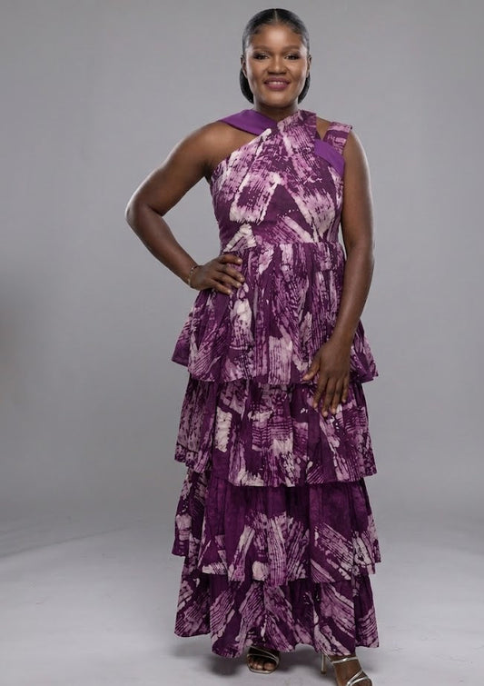 Golden Bloom Tiered Statement Dress (Purple)