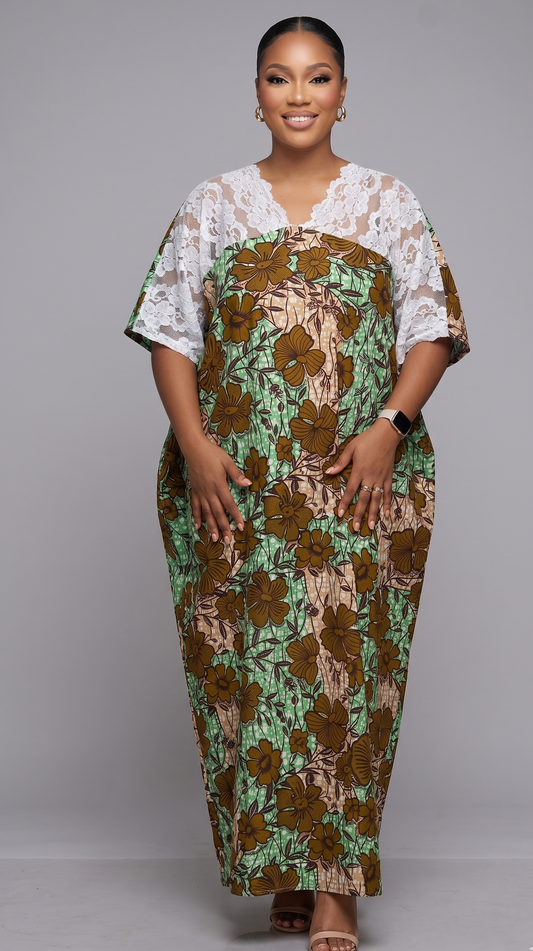 Arewa lace and ankara maxi bubu dress