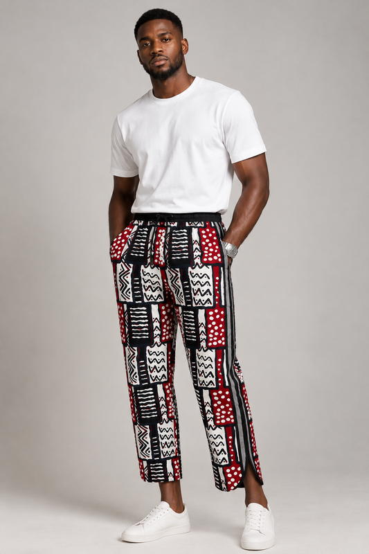 Olufemi Handmade white and black Ankara Cotton Pants | African Print Men's Trousers (Drawstring)