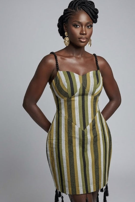 Agbeke Aso oke corset cinched waist dress (Green)