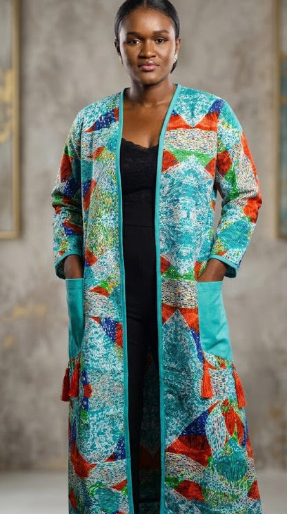 Demi African print Kimono Duster with pockets and tassels